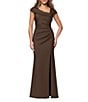 Xscape Asymmetrical Neckline Cap Sleeve Ruched Scuba Crepe Sheath Gown - Image 1