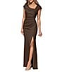 Xscape Asymmetrical Neckline Cap Sleeve Ruched Scuba Crepe Sheath Gown - Image 3