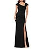 Xscape Asymmetrical Neckline Cap Sleeve Ruched Scuba Crepe Sheath Gown, Color:Black - Image 1