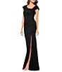 Xscape Asymmetrical Neckline Cap Sleeve Ruched Scuba Crepe Sheath Gown, Color:Black - Image 3