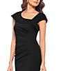 Xscape Asymmetrical Neckline Cap Sleeve Ruched Scuba Crepe Sheath Gown, Color:Black - Image 4