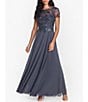Color:Charcoal - Image 1 - Beaded Bodice Round Neck Short Illusion Sleeve Chiffon Gown