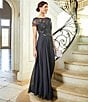 Color:Charcoal - Image 5 - Beaded Bodice Round Neck Short Illusion Sleeve Chiffon Gown