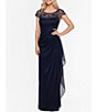 Color:Navy - Image 1 - Beaded Yoke Cap Sleeve Illusion Round Neck Ruched Cascade Ruffle Side Gown