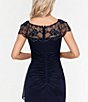 Color:Navy - Image 4 - Beaded Yoke Cap Sleeve Illusion Round Neck Ruched Cascade Ruffle Side Gown