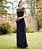Color:Navy - Image 5 - Beaded Yoke Cap Sleeve Illusion Round Neck Ruched Cascade Ruffle Side Gown
