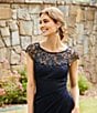 Color:Navy - Image 6 - Beaded Yoke Cap Sleeve Illusion Round Neck Ruched Cascade Ruffle Side Gown