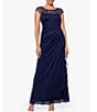 Color:Navy - Image 1 - Beaded Yoke Cap Sleeve Illusion Round Neck Ruched Cascade Ruffle Side Gown
