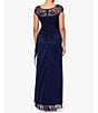 Color:Navy - Image 2 - Beaded Yoke Cap Sleeve Illusion Round Neck Ruched Cascade Ruffle Side Gown