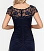 Color:Navy - Image 4 - Beaded Yoke Cap Sleeve Illusion Round Neck Ruched Cascade Ruffle Side Gown