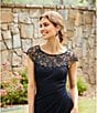 Color:Navy - Image 6 - Beaded Yoke Cap Sleeve Illusion Round Neck Ruched Cascade Ruffle Side Gown