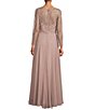 Color:Blush - Image 2 - Boat Neck Illusion Long Sleeve Beaded Gown