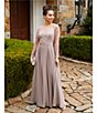Color:Blush - Image 5 - Boat Neck Illusion Long Sleeve Beaded Gown