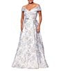 Xscape Brocade Floral Print Sweetheart Neck Short Sleeve A-Line Gown, Color:Blue/Gold - Image 1
