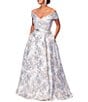 Xscape Brocade Floral Print Sweetheart Neck Short Sleeve A-Line Gown, Color:Blue/Gold - Image 3