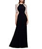 Xscape Caviar Beaded Mesh Short Sleeve Crew Neck Jersey Sheath Gown, Color:Black/Nude/Silver - Image 1
