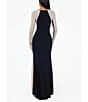 Xscape Caviar Beaded Mesh Panel Long Sleeve Contrast Matte Jersey Square Neck Sheath Gown, Color:Black/Nude/Silver - Image 7