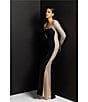 Xscape Caviar Beaded Mesh Panel Long Sleeve Contrast Matte Jersey Square Neck Sheath Gown, Color:Black/Nude/Silver - Image 8