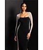 Xscape Caviar Beaded Mesh Panel Long Sleeve Contrast Matte Jersey Square Neck Sheath Gown, Color:Black/Nude/Silver - Image 10