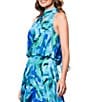Xscape Chiffon Multi Print Halter Neck Sleeveless Keyhole Pleated Blouson Gown, Color:Turquoise/Navy - Image 4