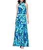 Xscape Chiffon Multi Print Halter Neck Sleeveless Keyhole Pleated Blouson Gown, Color:Turquoise/Navy - Image 1