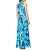 Xscape Chiffon Multi Print Halter Neck Sleeveless Keyhole Pleated Blouson Gown, Color:Turquoise/Navy - Image 2