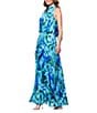 Xscape Chiffon Multi Print Halter Neck Sleeveless Keyhole Pleated Blouson Gown, Color:Turquoise/Navy - Image 3