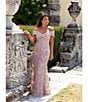 Color:Taupe - Image 5 - Embroidered Off-the-Shoulder Short Sleeve Lace A-line Gown