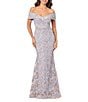 Xscape Embroidered Off-the-Shoulder Short Sleeve Lace A-line Gown, Color:Gold/Silver - Image 1