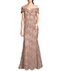 Color:Taupe - Image 1 - Embroidered Off-the-Shoulder Short Sleeve Lace Sheath Gown