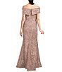 Color:Taupe - Image 2 - Embroidered Off-the-Shoulder Short Sleeve Lace Sheath Gown