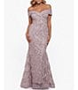 Color:Taupe - Image 1 - Embroidered Off-the-Shoulder Short Sleeve Lace A-line Gown