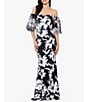 Color:Black/White - Image 1 - Floral Off-the-Shoulder Short Puff Sleeve Mermaid Gown