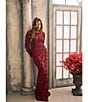 Xscape Illusion 3D Flower Pattern Crew Neck Long Sleeves Sheath Gown, Color:Garnet - Image 6