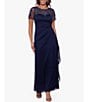 Color:Navy - Image 1 - Illusion Boat Neck Short Sleeve Gown