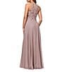 Xscape Illusion Halter Beaded Mesh Bodice Chiffon A-Line Gown, Color:Taupe - Image 2