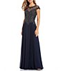 Color:Navy/Gunmetal - Image 1 - Illusion Yoke Applique Embroidered Bodice Round Neck Cap Sleeve Chiffon Gown