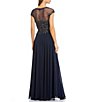 Color:Navy/Gunmetal - Image 2 - Illusion Yoke Applique Embroidered Bodice Round Neck Cap Sleeve Chiffon Gown