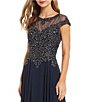 Color:Navy/Gunmetal - Image 3 - Illusion Yoke Applique Embroidered Bodice Round Neck Cap Sleeve Chiffon Gown