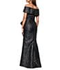 Xscape Jacquard Metallic Off-The-Shoulder A-Line Gown, Color:Black - Image 2