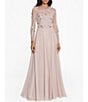 Color:Taupe - Image 1 - Round Neck Long Sleeve Floral Beaded Bodice Chiffon Gown