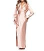 Xscape Long Sleeve Collared V-Neck Satin Dress, Color:Rose - Image 3
