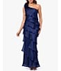 Color:Navy - Image 1 - Metallic Organza One Shoulder Sleeveless Rosette Tiered Gown