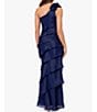 Color:Navy - Image 2 - Metallic Organza One Shoulder Sleeveless Rosette Tiered Gown