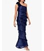 Color:Navy - Image 3 - Metallic Organza One Shoulder Sleeveless Rosette Tiered Gown