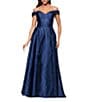 Xscape Metallic Printed Off-The-Shoulder Jacquard Gown, Color:Navy - Image 1