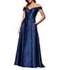 Xscape Metallic Printed Off-The-Shoulder Jacquard Gown, Color:Navy - Image 3