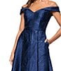 Xscape Metallic Printed Off-The-Shoulder Jacquard Gown, Color:Navy - Image 4