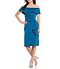 Color:Teal - Image 1 - Off-The-Shoulder Scuba Crepe Ruched Waist Ruffled Front Sheath Dress