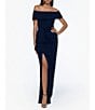 Color:Navy - Image 1 - Off-the-Shoulder Ruched Ruched Waist Scuba Crepe Thigh High Slit Gown